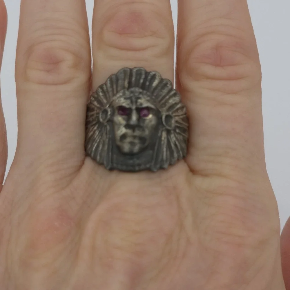 3D Chief Head Biker Sterling Silver Men's Ring Ruby Eyes Size 10.75 NA Large